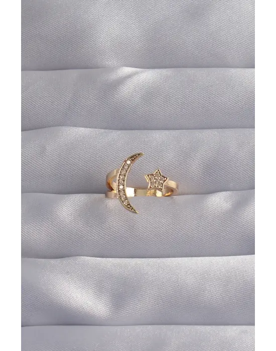  Altın Zirkon Taşlı Ay Yıldız Model Ayarlamalı Yüzük
