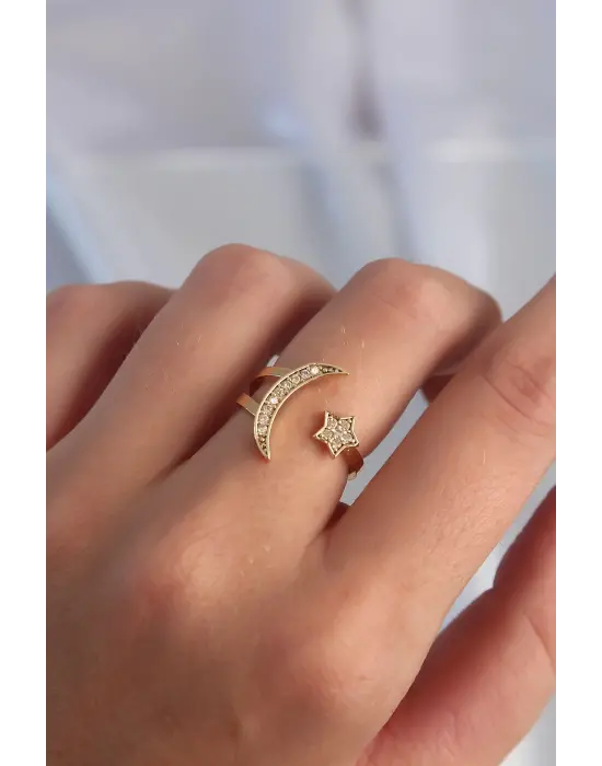  Altın Zirkon Taşlı Ay Yıldız Model Ayarlamalı Yüzük