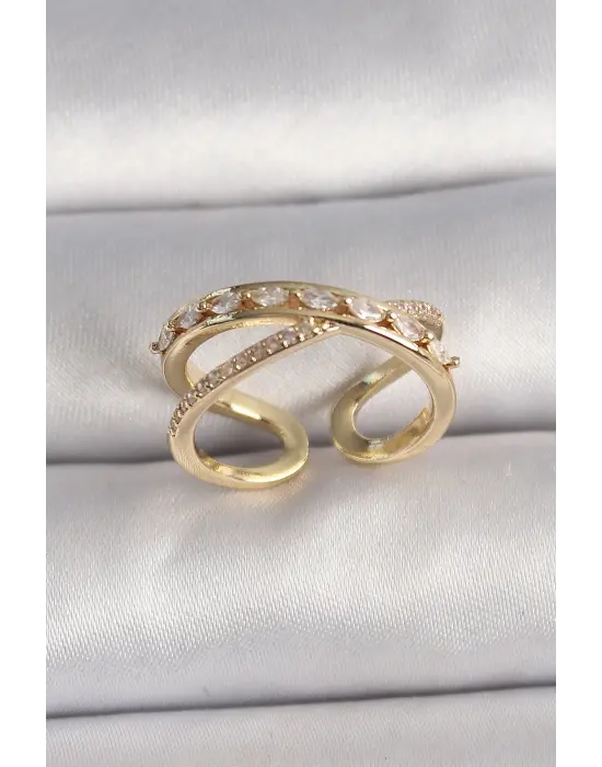  Altın Zirkon Taşlı Ayarlanabilir Çelik Yüzük