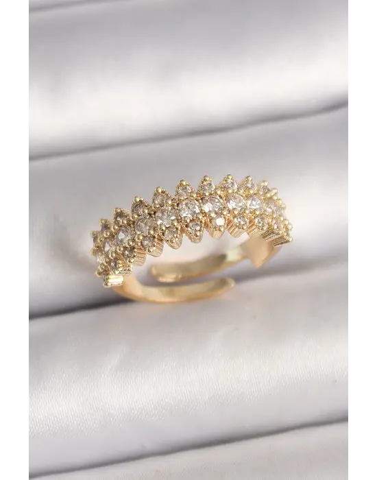 Pirinç Gold Renk Zirkon Taşlı Ayarlanabilir Model Kadın Yüzük