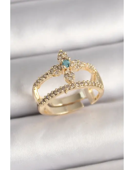 Pirinç Gold Renk Zirkon Taşlı Ayarlanabilir Model Kadın Yüzük