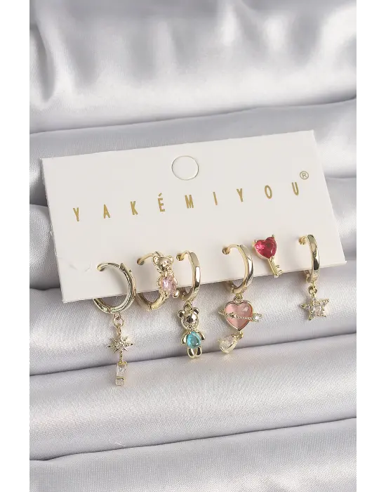  Altın Zirkon Taşlı Ayıcık Figür Yıldız Detay VIP Seri Çelik Küpe Kombini