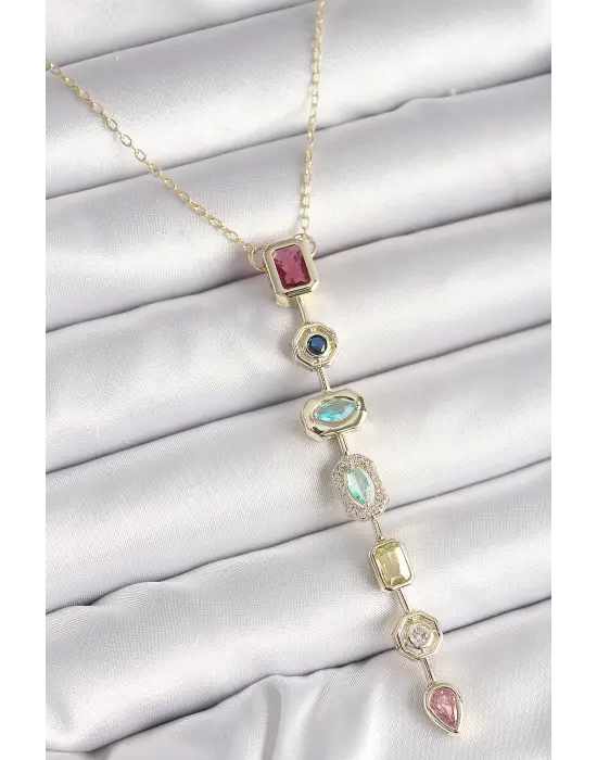 Çelik Gold Renk Zirkon Taşlı Baget Dekolta Model Kadın Kolye