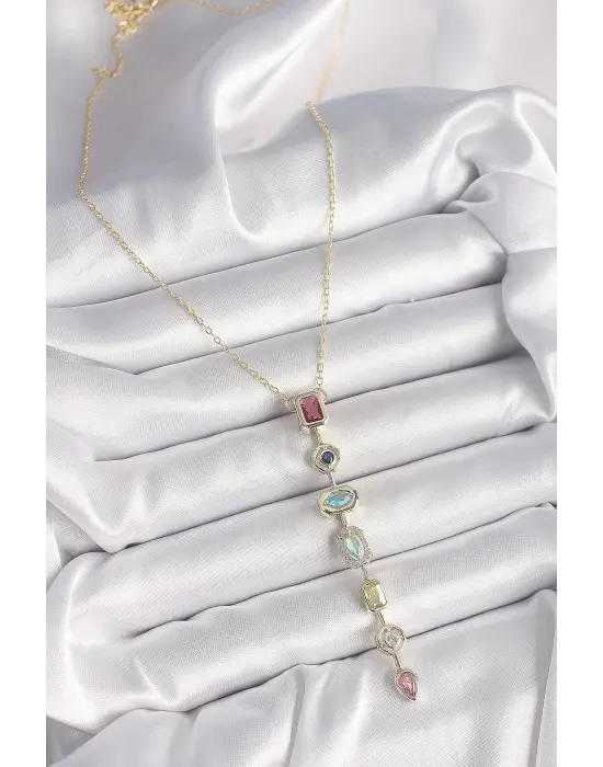 Çelik Gold Renk Zirkon Taşlı Baget Dekolta Model Kadın Kolye