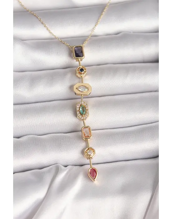 Pirinç Gold Renk Zirkon Taşlı Baget Dekolte Model Kadın Kolye