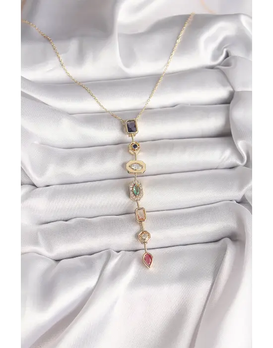 Pirinç Gold Renk Zirkon Taşlı Baget Dekolte Model Kadın Kolye