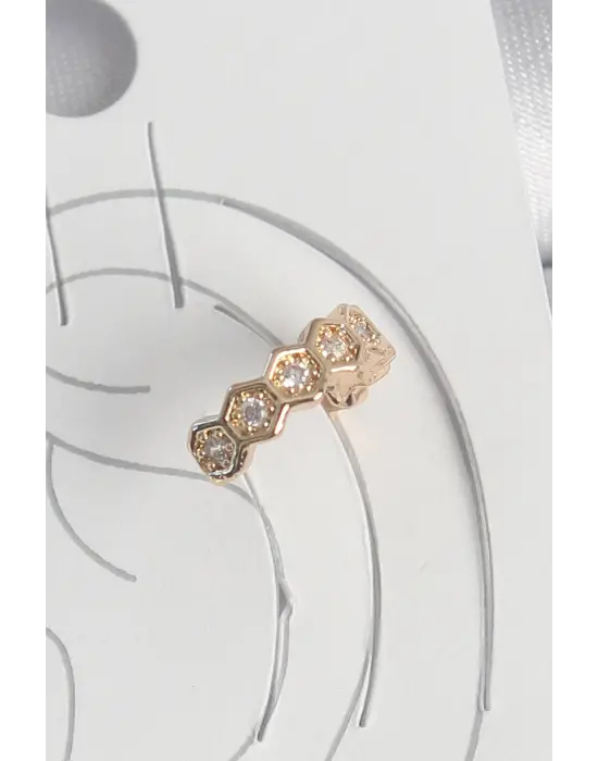 Çelik Gold Renk Zirkon Taşlı Bal Peteği Model Kadın Kıkırdak Küpe