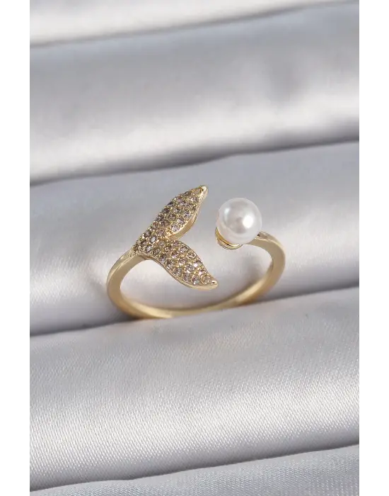  Altın Zirkon Taşlı Balık Kuyruğu İncili Ayarlanabilir Model Çelik Yüzük