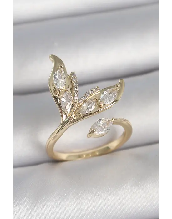 Pirinç Gold Renk Zirkon Taşlı Balık Kuyruğu Model Ayarlanabilir Model Kadın Yüzük