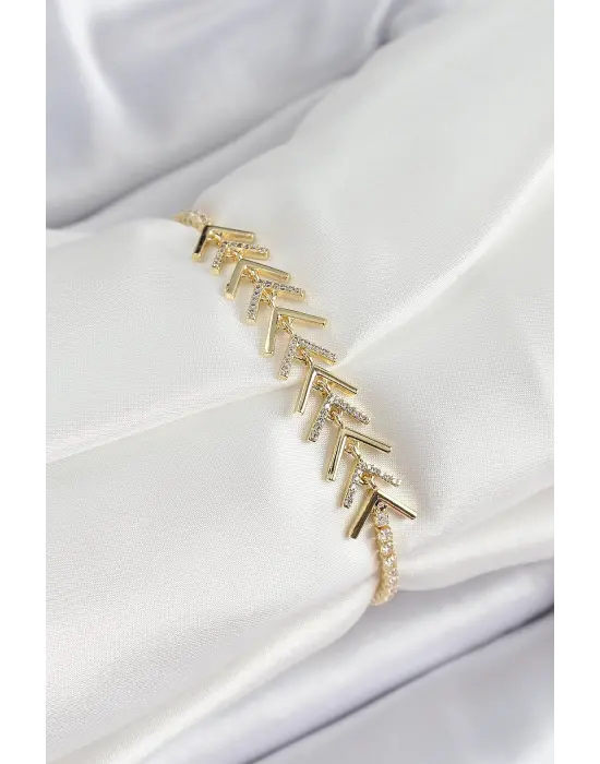 Pirinç Gold Renk Zirkon Taşlı Balık Sırtı Kadın Bileklik