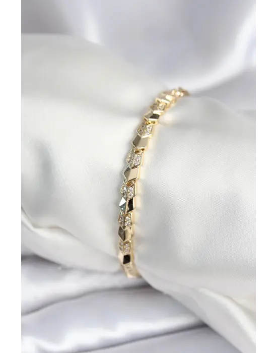 Pirinç Gold Renk Zirkon Taşlı Balık Sırtı Model Kadın Bileklik