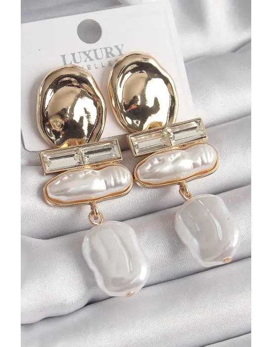  Altın Zirkon Taşlı Beyaz İnci Ezme Model Vintage Çelik Küpe