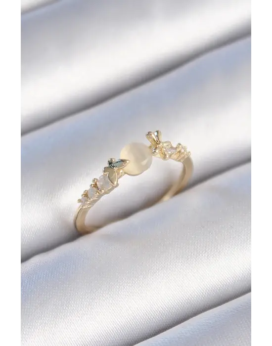  Altın Zirkon Taşlı Beyaz Mineli Kelebek Detay Çelik Yüzük