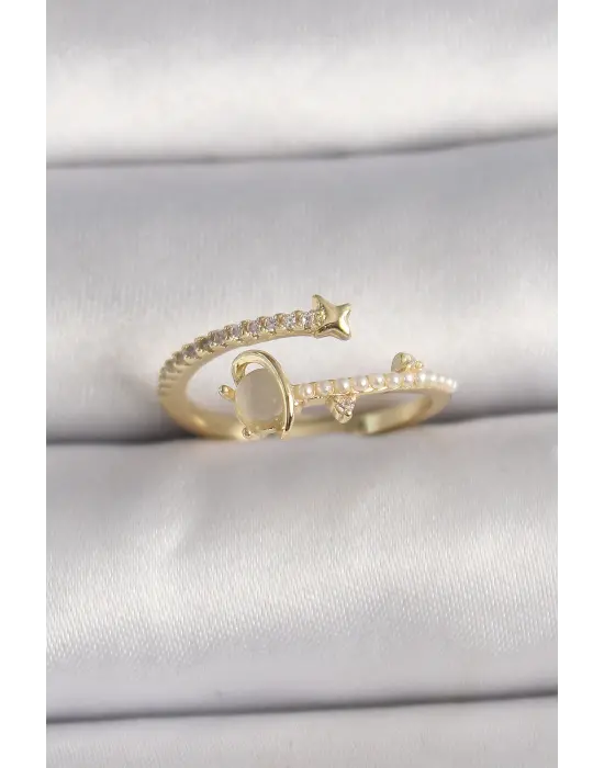  Altın Zirkon Taşlı Beyaz Mineli Yıldız Detaylı Ayarlanabilir Çelik Yüzük