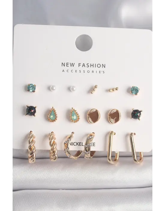  Altın Zirkon Taşlı Burgu Halka Figür İnci Detay 9 Çift Çelik Küpe Seti