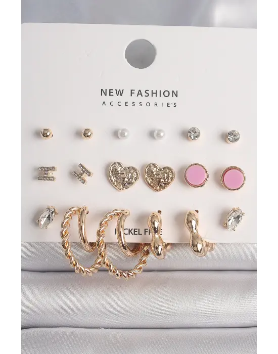  Altın Zirkon Taşlı Burug Halka Model İşlemeli Kalp Detay 9 Çift Çelik Küpe Seti