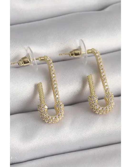  Altın Zirkon Taşlı Çengelli İğne Model Çelik Küpe