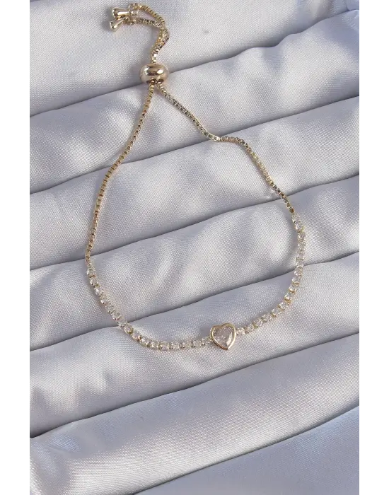 Pirinç Gold Renk Zirkon Taşlı Charm Model Asansörlü Bileklik