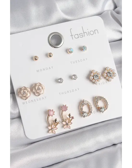 Pirinç Gold Renk Zirkon Taşlı Çiçek Figür 7 Çift Kadın Küpe Seti