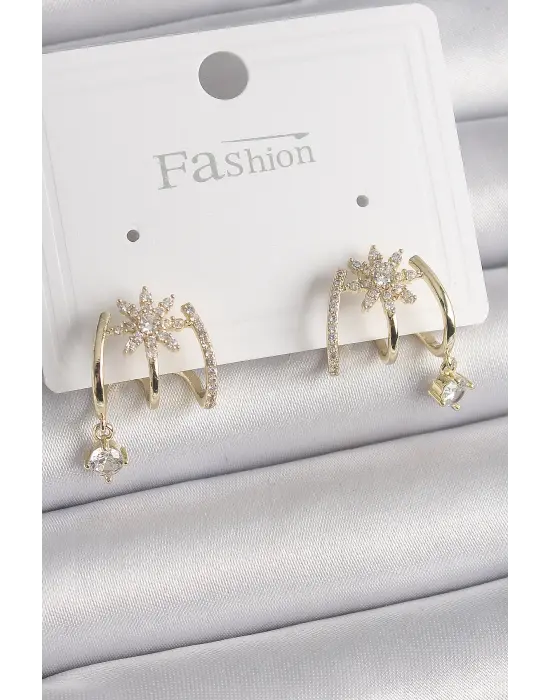  Altın Zirkon Taşlı Çiçek Figür Sallantı Detay Çelik Küpe