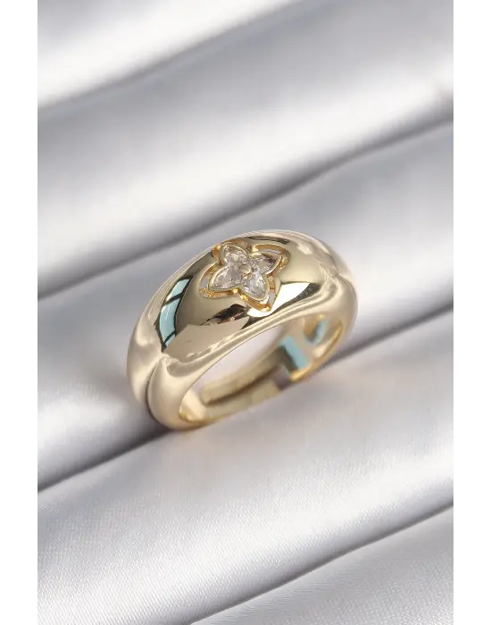  Altın Zirkon Taşlı Çiçek İşleme Çelik Yüzük