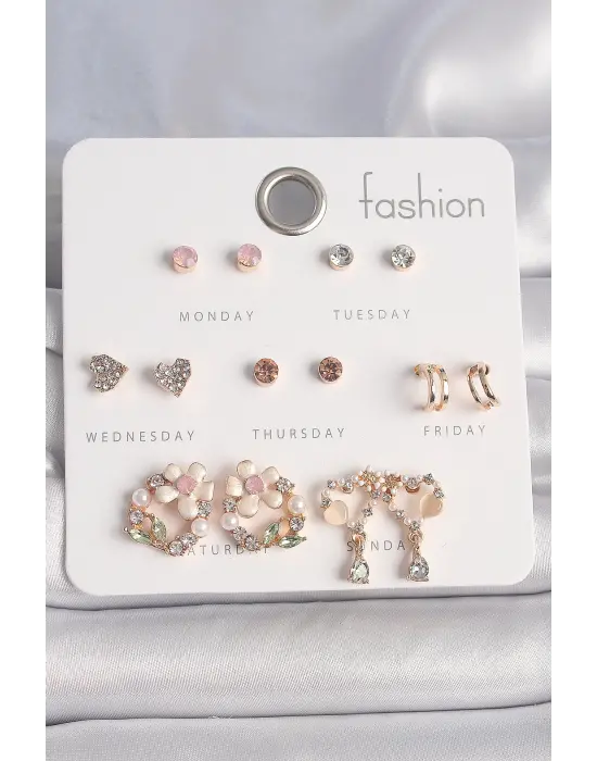  Altın Zirkon Taşlı Çiçek Kalp Figür 7 Çift Çelik Küpe Seti