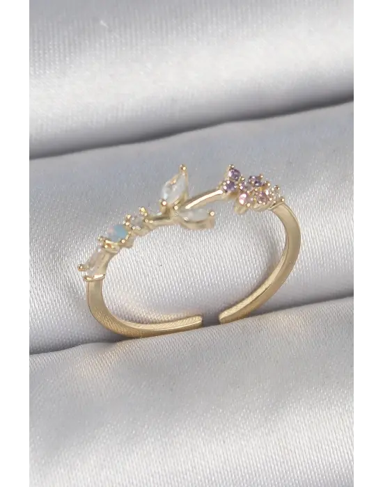 Pirinç Gold Renk Zirkon Taşlı Çiçek Model Ayarlanabilir Kadın Yüzük