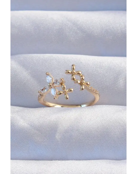  Altın Zirkon Taşlı Çiçek Model Ayarlanabilir Yüzük