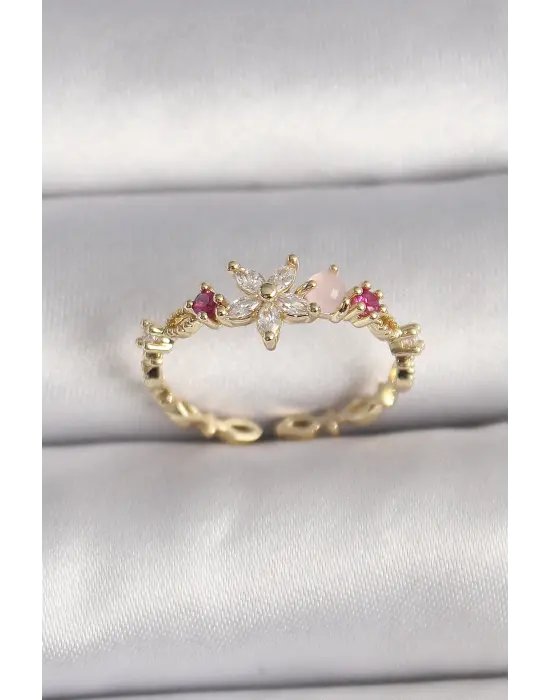  Altın Zirkon Taşlı Çiçek Model Ayarlanabilir Yüzük