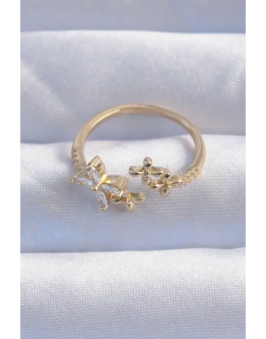  Altın Zirkon Taşlı Çiçek Model Ayarlanabilir Yüzük