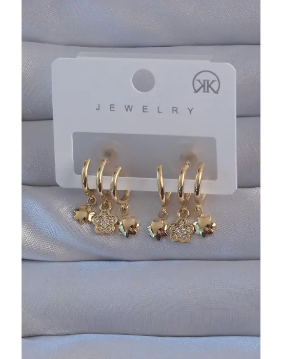  Altın Zirkon Taşlı Çiçek Model Çoklu Görünüm Yarım Halka Küpe