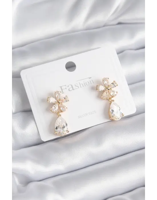  Altın Zirkon Taşlı Çiçek Model Damla Detay Çelik Küpe