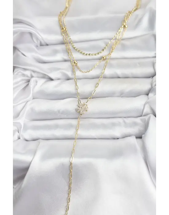 Pirinç Gold Renk Zirkon Taşlı Çiçek Model Detaylı 3lü Kombin Y Kadın Kolye