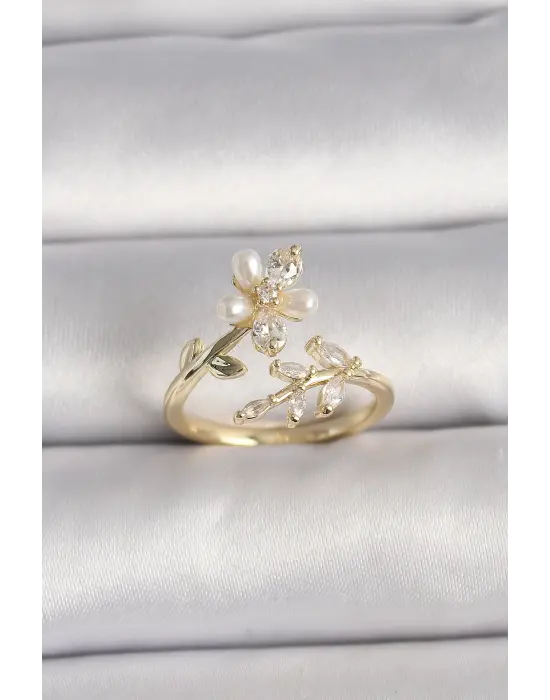  Altın Zirkon Taşlı Çiçek Model İnci Detay Ayarlanabilir Yüzük