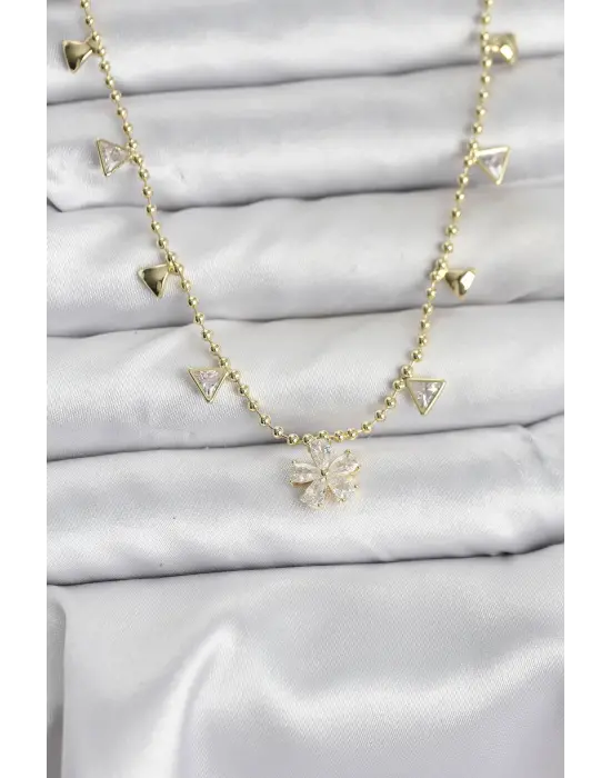 Pirinç Gold Renk Zirkon Taşlı Çiçek Model Kadın Kolye