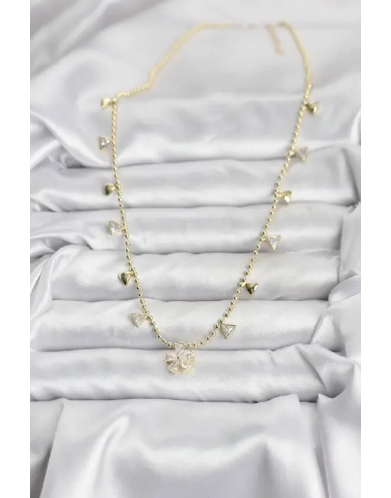 Pirinç Gold Renk Zirkon Taşlı Çiçek Model Kadın Kolye