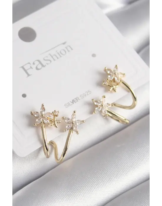  Altın Zirkon Taşlı Çiçek Model Çelik Küpe