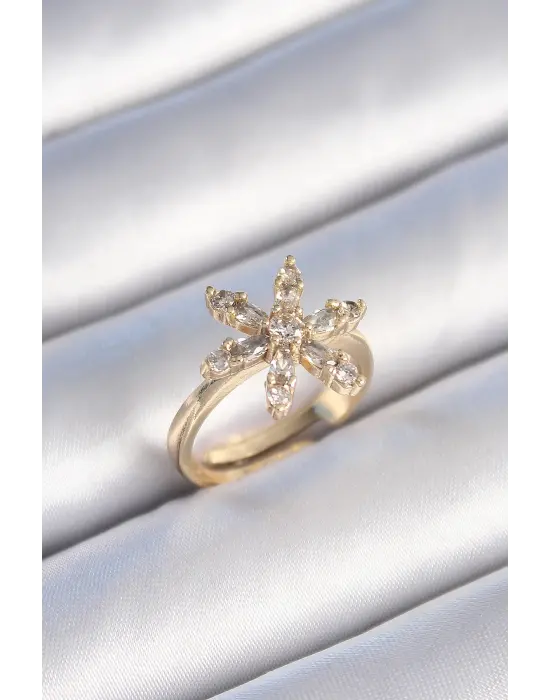  Altın Zirkon Taşlı Çiçek Model Çelik Yüzük