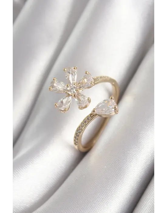  Altın Zirkon Taşlı Çiçek Model Çelik Yüzük