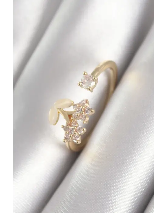  Altın Zirkon Taşlı Çiçek Model Çelik Yüzük