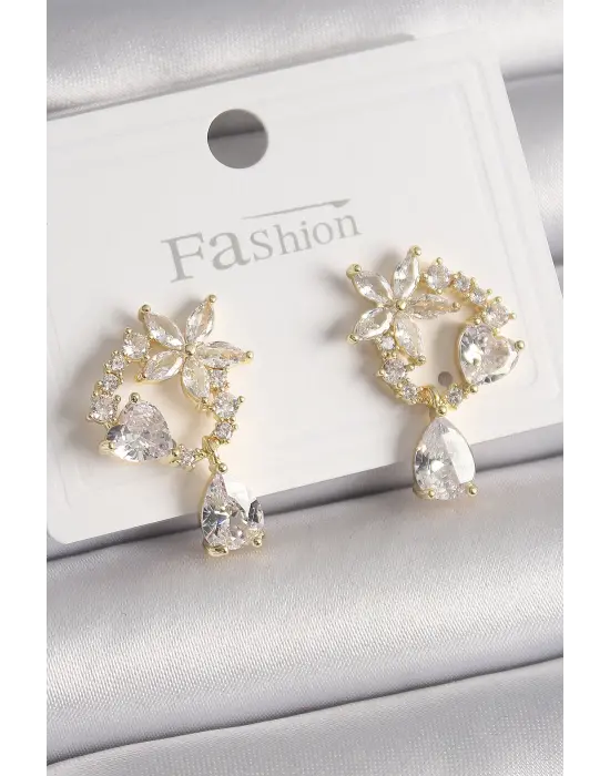  Altın Zirkon Taşlı Çiçek Model Sallantı Damla Detay Çelik Küpe