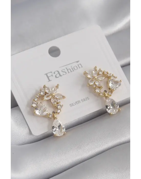  Altın Zirkon Taşlı Çiçek Model Sallantı Detay Çelik Küpe