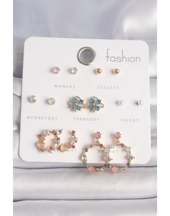  Altın Zirkon Taşlı Çiçekli Halka Model 7 Çift Çelik Küpe Seti