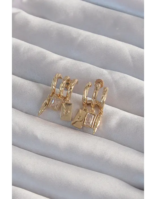  Altın Zirkon Taşlı Çoklu Aksesuarlı Yarım Halka Kaburga Küpe