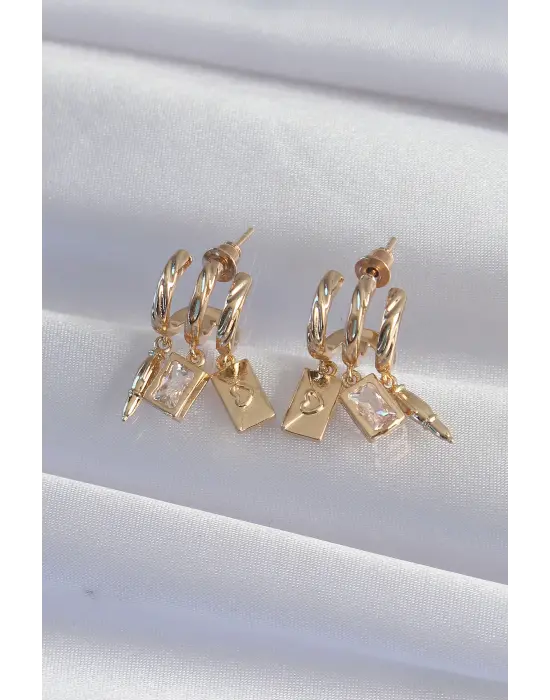  Altın Zirkon Taşlı Çoklu Aksesuarlı Yarım Halka Kaburga Küpe