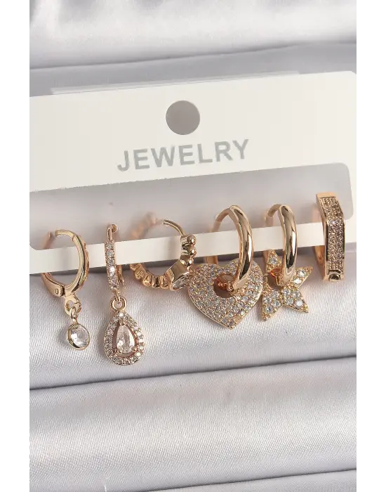  Altın Zirkon Taşlı Çoklu Figür Çelik Küpe Seti