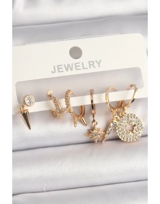  Altın Zirkon Taşlı Çoklu Figür Çelik Küpe Seti