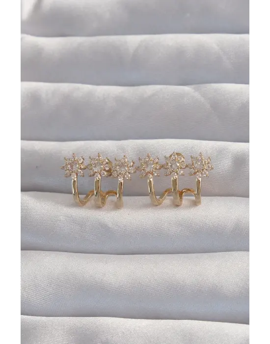  Altın Zirkon Taşlı Çoklu Görünümlü Çiçek Küpe