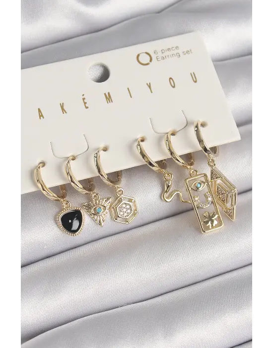  Altın Zirkon Taşlı Çoklu Sallantı Figür VIP Seri Çelik Küpe Seti