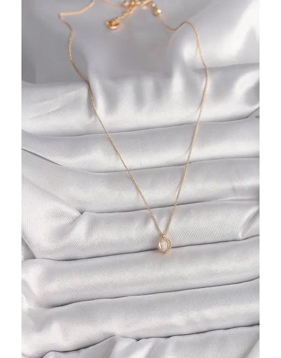 Pirinç Altın  Zirkon Taşlı Daire Kafes Model  Çelik Kolye